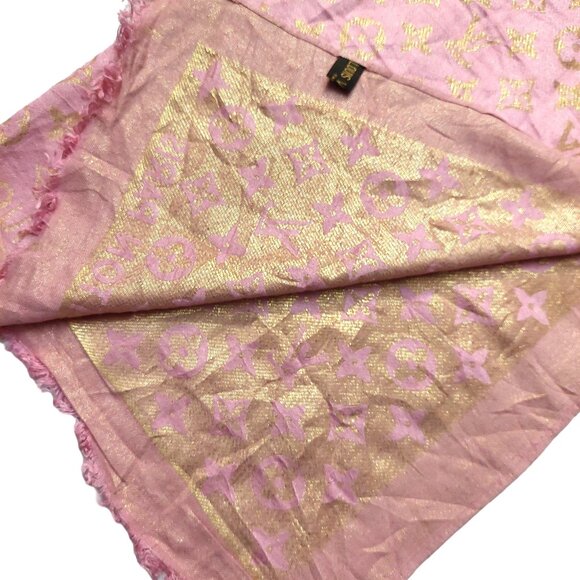 LOUIS VUITTON LV Light Pink & Gold Monogram Shawl Scarf Wrap - Picture 5 of 10